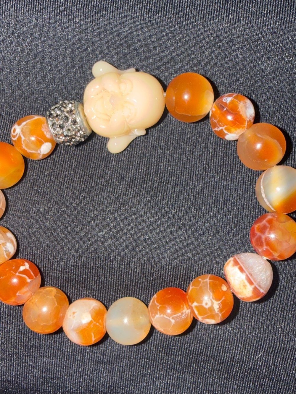 Laughing Buddha Orange Agate Stretch Bracelet Cream Carved Bead